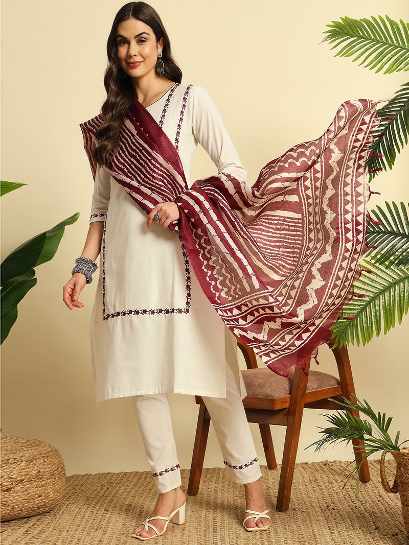 VISHVA CREATION Off-White Kurta Set with Maroon Dupatta for Women - Image 1